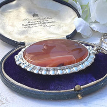 Cargar imagen en el visor de la galería, Huge Antique Victorian Scottish Banded Agate Silver Pendant Necklace. Sterling Silver & Red Carnelian Oval Pendant. Scottish Pebble Jewelry.