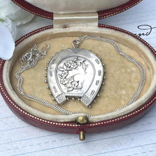 Lade das Bild in den Galerie-Viewer, Antique Victorian Sterling Silver Horseshoe Pendant Necklace. Aesthetic Engraved Forget-Me-Not Lucky Horseshoe Pendant & Classic Curb Chain