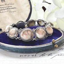 Load image into Gallery viewer, Antique Victorian Cats Eye Operculum Sterling Silver Bracelet. Unique 1800s Organic Gemstone Silver Bracelet. Victorian Operculum Jewellery