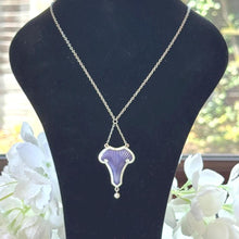 Carica l'immagine nel visualizzatore di Gallery, Antique Art Nouveau Sterling Silver Enamel Lavalier Pendant Necklace, Dated 1910. Edwardian Purple Guilloché Enamel Pearl Drop Long Necklace