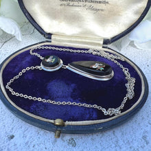 Lade das Bild in den Galerie-Viewer, Antique Victorian Micro Mosaic Love Bird Whitby Jet Silver Necklace. Antique 'Day & Night' Detachable Pendant Drop Sterling Silver Necklace
