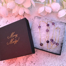 Carica l'immagine nel visualizzatore di Gallery, Antique Art Deco 14ct Rolled Gold Amethyst Station Necklace. Purple Gemstone Yellow Gold Chain Necklace. Amethyst Bead Tin Cup Necklace