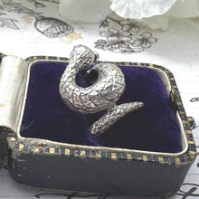 Load image into Gallery viewer, Vintage Sterling Silver Coiled Snake Ring With Ruby Eyes. Engraved Silver Gem Set Snake Ring, Size L-1/2, 6. Love Token Statement Jewellery