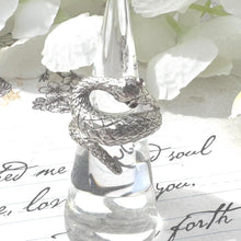 Load image into Gallery viewer, Vintage Sterling Silver Coiled Snake Ring With Ruby Eyes. Engraved Silver Gem Set Snake Ring, Size L-1/2, 6. Love Token Statement Jewellery