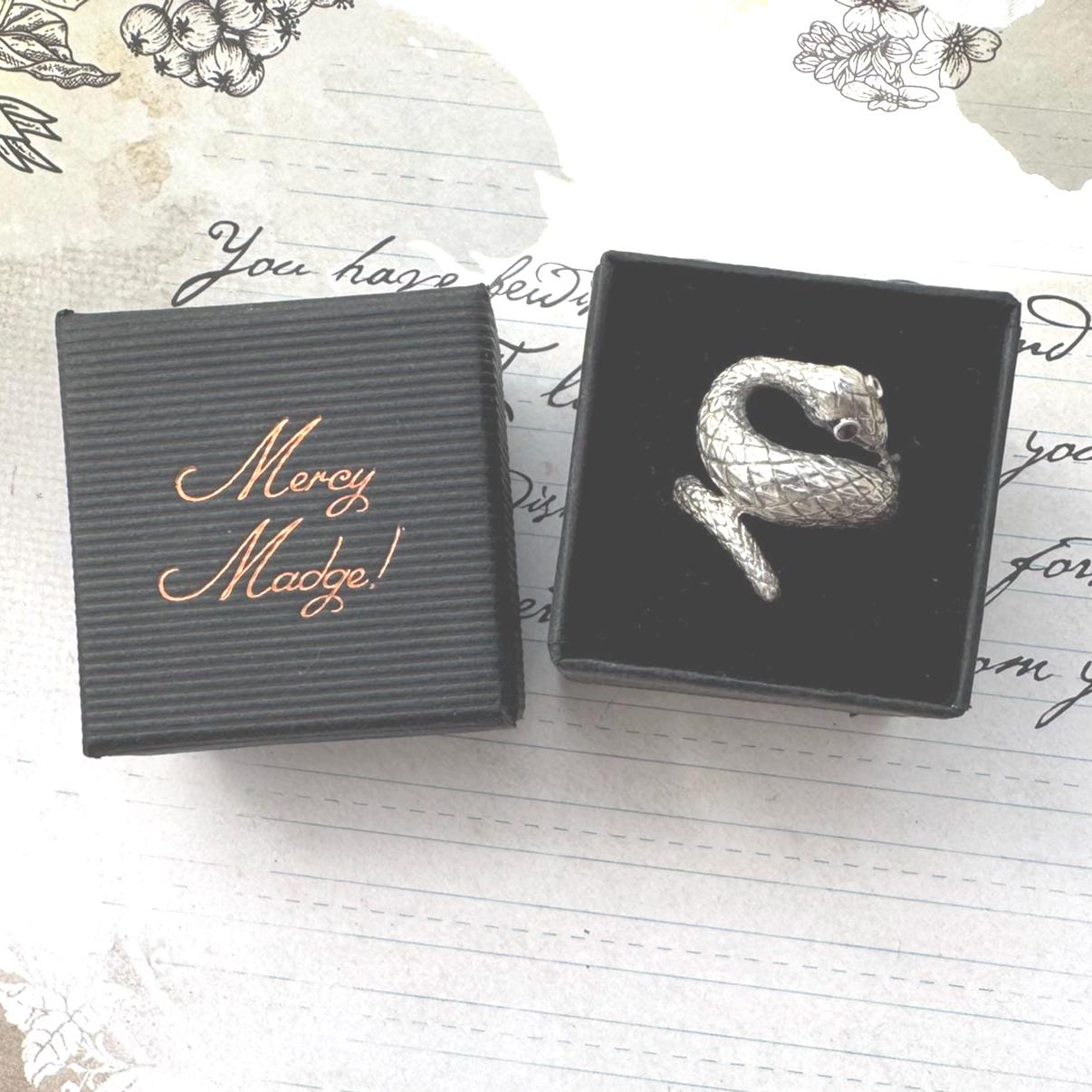 Vintage Sterling Silver Coiled Snake Ring With Ruby Eyes. Engraved Silver Gem Set Snake Ring, Size L-1/2, 6. Love Token Statement Jewellery