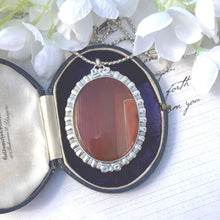 Cargar imagen en el visor de la galería, Huge Antique Victorian Scottish Banded Agate Silver Pendant Necklace. Sterling Silver & Red Carnelian Oval Pendant. Scottish Pebble Jewelry.