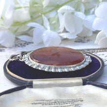 Cargar imagen en el visor de la galería, Huge Antique Victorian Scottish Banded Agate Silver Pendant Necklace. Sterling Silver & Red Carnelian Oval Pendant. Scottish Pebble Jewelry.
