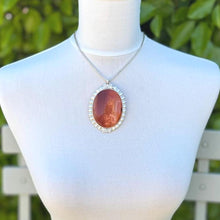 Cargar imagen en el visor de la galería, Huge Antique Victorian Scottish Banded Agate Silver Pendant Necklace. Sterling Silver & Red Carnelian Oval Pendant. Scottish Pebble Jewelry.