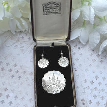 Carica l'immagine nel visualizzatore di Gallery, Rare Antique Victorian Aesthetic Engraved Sterling Silver Scottish Thistle Locket Brooch & Earring Set In Original Fitted Jewellery Case