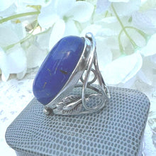 Load image into Gallery viewer, Incredible Vintage Arts & Crafts 70ct Lapis Lazuli Silver Ring. Huge Art-Nouveau Inspired Mid-Century Blue Lapis Cabochon Ring Size R/8-3/4