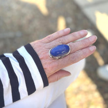 Load image into Gallery viewer, Incredible Vintage Arts & Crafts 70ct Lapis Lazuli Silver Ring. Huge Art-Nouveau Inspired Mid-Century Blue Lapis Cabochon Ring Size R/8-3/4