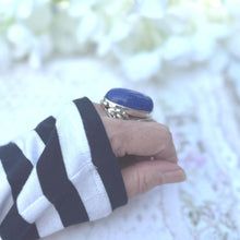 Load image into Gallery viewer, Incredible Vintage Arts & Crafts 70ct Lapis Lazuli Silver Ring. Huge Art-Nouveau Inspired Mid-Century Blue Lapis Cabochon Ring Size R/8-3/4