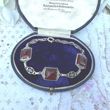 Carica l'immagine nel visualizzatore di Gallery, Antique Art Deco Sterling Silver Sugar Loaf Carnelian Cabochon Bracelet. Geometric Scottish Red Carnelian Gemstone Silver Panel Bracelet