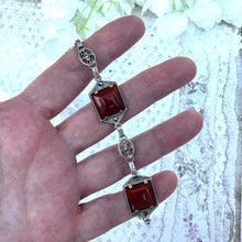 Carica l'immagine nel visualizzatore di Gallery, Antique Art Deco Sterling Silver Sugar Loaf Carnelian Cabochon Bracelet. Geometric Scottish Red Carnelian Gemstone Silver Panel Bracelet