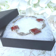 Carica l'immagine nel visualizzatore di Gallery, Antique Art Deco Sterling Silver Sugar Loaf Carnelian Cabochon Bracelet. Geometric Scottish Red Carnelian Gemstone Silver Panel Bracelet