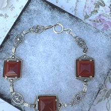 Carica l'immagine nel visualizzatore di Gallery, Antique Art Deco Sterling Silver Sugar Loaf Carnelian Cabochon Bracelet. Geometric Scottish Red Carnelian Gemstone Silver Panel Bracelet
