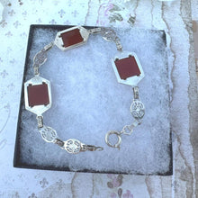 Carica l'immagine nel visualizzatore di Gallery, Antique Art Deco Sterling Silver Sugar Loaf Carnelian Cabochon Bracelet. Geometric Scottish Red Carnelian Gemstone Silver Panel Bracelet