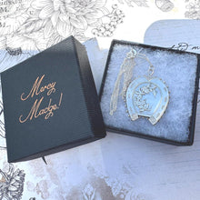 Lade das Bild in den Galerie-Viewer, Antique Victorian Sterling Silver Horseshoe Pendant Necklace. Aesthetic Engraved Forget-Me-Not Lucky Horseshoe Pendant & Classic Curb Chain