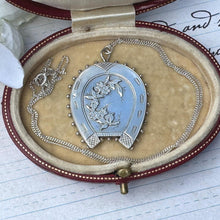 Lade das Bild in den Galerie-Viewer, Antique Victorian Sterling Silver Horseshoe Pendant Necklace. Aesthetic Engraved Forget-Me-Not Lucky Horseshoe Pendant & Classic Curb Chain