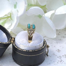 Load image into Gallery viewer, Antique Victorian Turquoise & Pearl 15ct Yellow Gold Split Band Ring, Dated 1876. Dainty Half Hoop Gemstone Stacking Ring Size N.5 UK/ 7 US