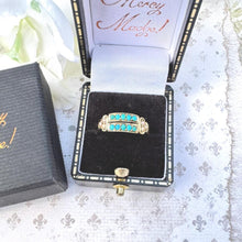 Load image into Gallery viewer, Antique Victorian Turquoise & Pearl 15ct Yellow Gold Split Band Ring, Dated 1876. Dainty Half Hoop Gemstone Stacking Ring Size N.5 UK/ 7 US