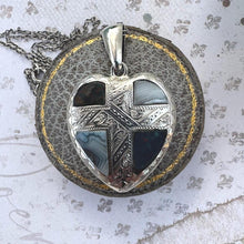 Lade das Bild in den Galerie-Viewer, Antique Victorian Large Scottish Agate Silver Heart Pendant. Banded Agate & Bloodstone Puffy Love Heart Pendant. Scottish Pebble Jewellery