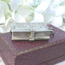 Cargar imagen en el visor de la galería, Vintage English Silver Rare Novelty Book Vinaigrette Watch Pendant By St James House. Sterling Silver Swiss Pocket Watch Dated 1986, Working