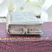 Cargar imagen en el visor de la galería, Vintage English Silver Rare Novelty Book Vinaigrette Watch Pendant By St James House. Sterling Silver Swiss Pocket Watch Dated 1986, Working