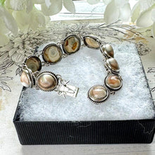Load image into Gallery viewer, Antique Victorian Cats Eye Operculum Sterling Silver Bracelet. Unique 1800s Organic Gemstone Silver Bracelet. Victorian Operculum Jewellery