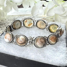 Load image into Gallery viewer, Antique Victorian Cats Eye Operculum Sterling Silver Bracelet. Unique 1800s Organic Gemstone Silver Bracelet. Victorian Operculum Jewellery