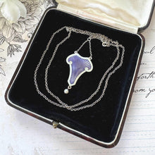 Carica l'immagine nel visualizzatore di Gallery, Antique Art Nouveau Sterling Silver Enamel Lavalier Pendant Necklace, Dated 1910. Edwardian Purple Guilloché Enamel Pearl Drop Long Necklace