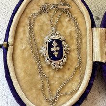 Charger l'image dans la galerie, Antique Georgian Bristol Blue Glass & Paste Diamond Pendant Necklace. c1800 Early Victorian Rococo Blue Enamel Floral Cross Pendant On Chain