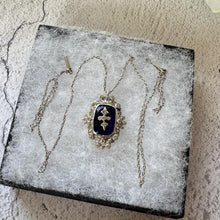 Charger l'image dans la galerie, Antique Georgian Bristol Blue Glass & Paste Diamond Pendant Necklace. c1800 Early Victorian Rococo Blue Enamel Floral Cross Pendant On Chain