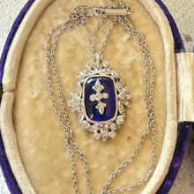 Charger l'image dans la galerie, Antique Georgian Bristol Blue Glass & Paste Diamond Pendant Necklace. c1800 Early Victorian Rococo Blue Enamel Floral Cross Pendant On Chain