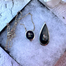 Lade das Bild in den Galerie-Viewer, Antique Victorian Micro Mosaic Love Bird Whitby Jet Silver Necklace. Antique 'Day & Night' Detachable Pendant Drop Sterling Silver Necklace