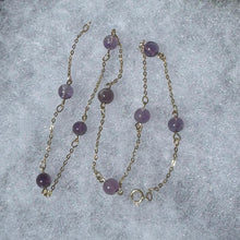 Carica l'immagine nel visualizzatore di Gallery, Antique Art Deco 14ct Rolled Gold Amethyst Station Necklace. Purple Gemstone Yellow Gold Chain Necklace. Amethyst Bead Tin Cup Necklace
