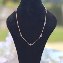 Carica l'immagine nel visualizzatore di Gallery, Antique Art Deco 14ct Rolled Gold Amethyst Station Necklace. Purple Gemstone Yellow Gold Chain Necklace. Amethyst Bead Tin Cup Necklace