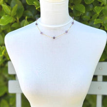 Carica l'immagine nel visualizzatore di Gallery, Antique Art Deco 14ct Rolled Gold Amethyst Station Necklace. Purple Gemstone Yellow Gold Chain Necklace. Amethyst Bead Tin Cup Necklace