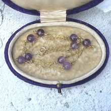 Carica l'immagine nel visualizzatore di Gallery, Antique Art Deco 14ct Rolled Gold Amethyst Station Necklace. Purple Gemstone Yellow Gold Chain Necklace. Amethyst Bead Tin Cup Necklace