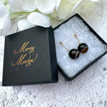 画像をギャラリービューアに読み込む, Antique Art Deco 9ct Gold Scottish Bulls Eye Agate Drop Earrings. Vintage 1920's Banded Natural Onyx Round Orb Earrings For Pierced Ears