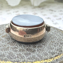 Carica l'immagine nel visualizzatore di Gallery, Victorian 9ct Gold Bloodstone & White Chalcedony Shamrock Spinner Fob Pendant. Antique Yellow Gold 3-Ring Trefoil Spinning Pendant Necklace