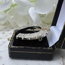 Load image into Gallery viewer, Victorian Large Silver & Gold Lucky Horseshoe Brooch, Birmingham 1880. Antique Aesthetic Engraved Sweetheart Brooch/Lapel/Cravat/Stock Pin