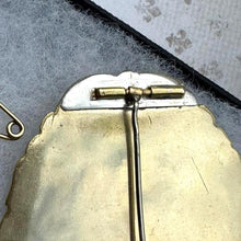 Carica l'immagine nel visualizzatore di Gallery, Antique Victorian Gold Gilt & Black Enamel Mourning Brooch With Prince of Wales Hairwork. Antique Sentimental Mourning Jewellery.