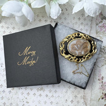 Carica l'immagine nel visualizzatore di Gallery, Antique Victorian Gold Gilt & Black Enamel Mourning Brooch With Prince of Wales Hairwork. Antique Sentimental Mourning Jewellery.