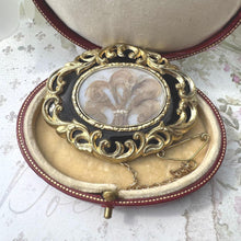 Carica l'immagine nel visualizzatore di Gallery, Antique Victorian Gold Gilt & Black Enamel Mourning Brooch With Prince of Wales Hairwork. Antique Sentimental Mourning Jewellery.