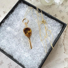 Charger l'image dans la galerie, Antique Georgian 15ct Gold Citrine & Bloodstone Key Pendant Necklace. Victorian Floral Engraved Pear-Cut Scottish Cairngorm Watch Key Charm