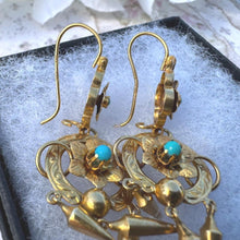 Carica l'immagine nel visualizzatore di Gallery, Antique Victorian 18ct Gold Turquoise Forget-Me-Not Drop Earrings. Yellow Gold & Blue Gemstone Etruscan Revival Pendant Drop Hook Earrings
