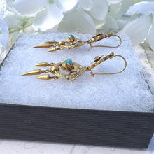 Carica l'immagine nel visualizzatore di Gallery, Antique Victorian 18ct Gold Turquoise Forget-Me-Not Drop Earrings. Yellow Gold & Blue Gemstone Etruscan Revival Pendant Drop Hook Earrings