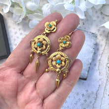 Carica l'immagine nel visualizzatore di Gallery, Antique Victorian 18ct Gold Turquoise Forget-Me-Not Drop Earrings. Yellow Gold & Blue Gemstone Etruscan Revival Pendant Drop Hook Earrings