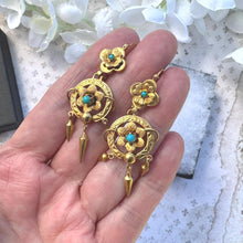 Cargar imagen en el visor de la galería, Victorian 18ct Gold Turquoise Forget-Me-Not Earrings